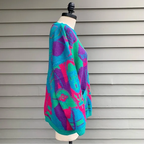 Vintage 80s People Faces Multicolor Kitschy Novelty AOP Sweater - Picture 12 of 16